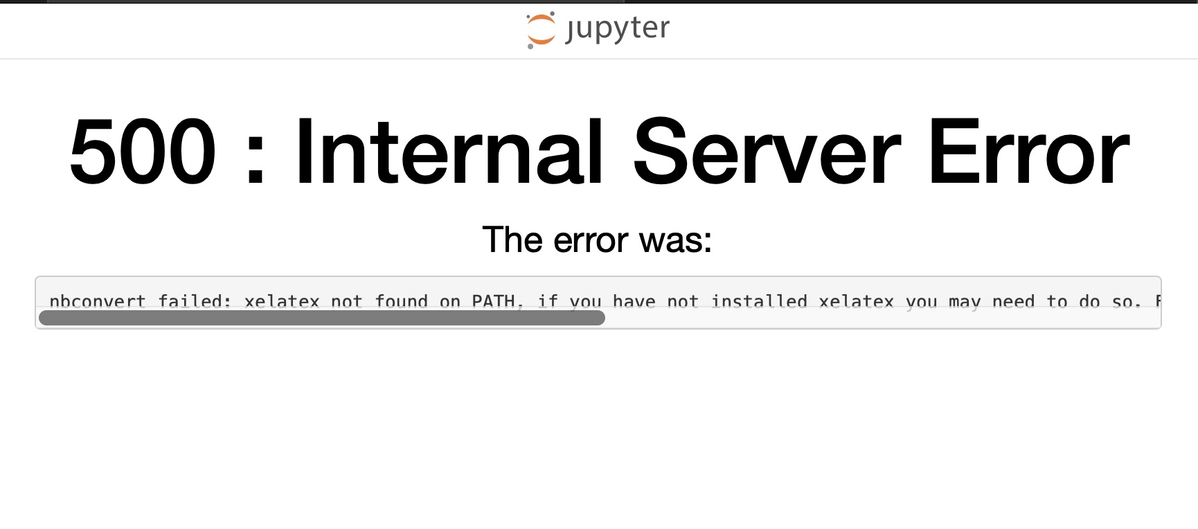 500 Internal Server Error - nbconvert failed- xelatex not found on PATH